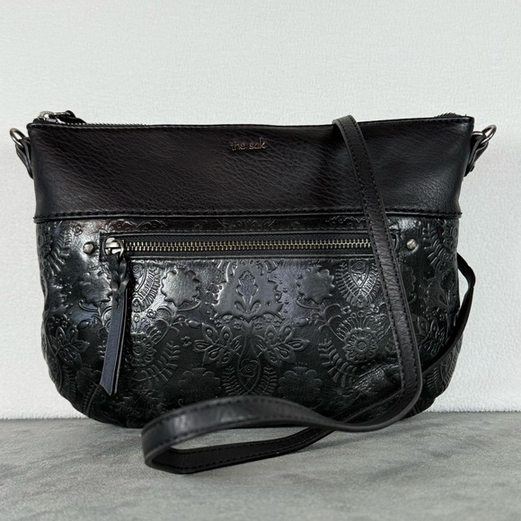 The Sak Oleta Black Leather Crossbody Bag with Tooled Leather Detail - Picture 1 of 7